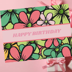 Farbenfrohe Retro-Boho-Floral-„Happy Birthday“ Postkarte