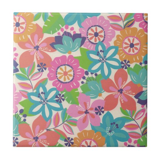 Farbenfrohe Retro Boho Girly Blume Hippie Fliese (Vorderseite)