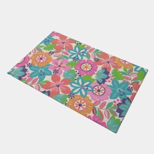 Farbenfrohe Retro Boho Girly Blume Hippie Fußmatte (Schrägansicht)