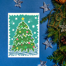 Farbenfrohe Retro Briefmarke Stil Weihnachtsbaum