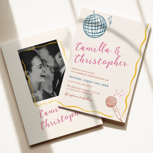 Farbenfrohe Retro-Disco-Hochzeit Einladung