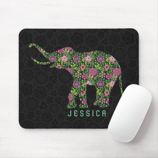 Farbenfrohe Retro Floral Elephant monogramiert Mousepad (Mit Mouse)