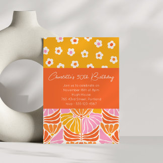 Farbenfrohe Retro Floral Orange 50. Geburtstagspar Einladung