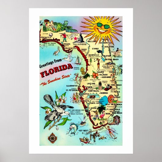 Farbenfrohe Retro Florida 20x28 Karte Drucken Poster (Vorne)