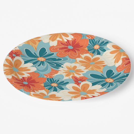 Farbenfrohe Retro Groovy Blumenmuster Pappteller (Schrägansicht)