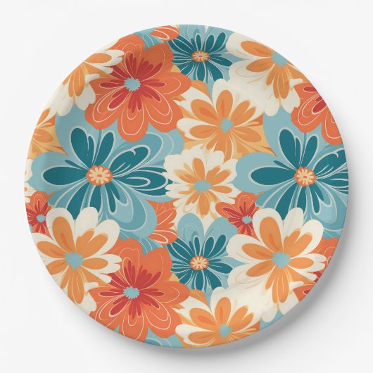 Farbenfrohe Retro Groovy Blumenmuster Pappteller (Vorderseite)