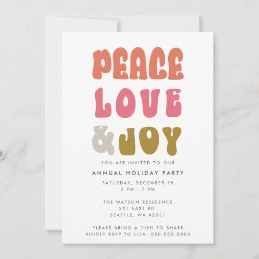 Farbenfrohe Retro Groovy Peace Liebe Joy Holiday Einladung (Vorderseite)