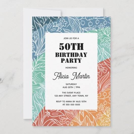 Farbenfrohe Retro Groovy Rainbow Floral 50. Geburt Einladung (Vorderseite)