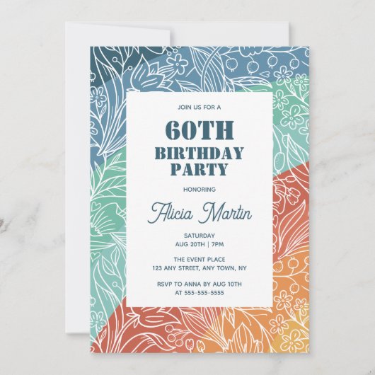 Farbenfrohe Retro Groovy Rainbow Floral 60. Geburt Einladung (Vorderseite)