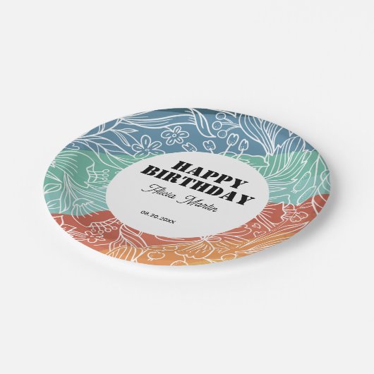 Farbenfrohe Retro Groovy Regenbogen Bloral Geburts Pappteller (Schrägansicht)