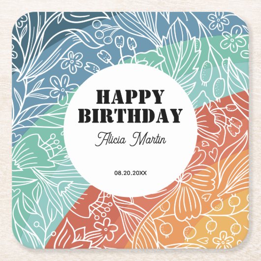 Farbenfrohe Retro Groovy Regenbogen Bloral Geburts Rechteckiger Pappuntersetzer (Vorderseite)