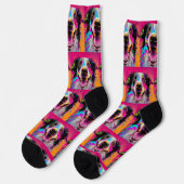 Farbenfrohe Retro Happy Dog Socken (Linkes Detail)