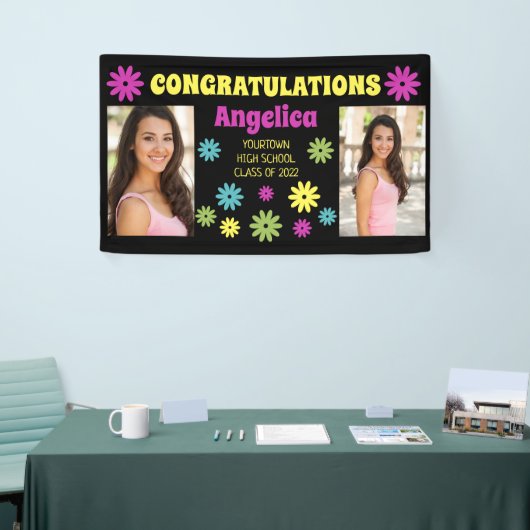 Farbenfrohe Retro Hippie Blume 2 Foto Abschluss Banner (Messeveranstaltung)