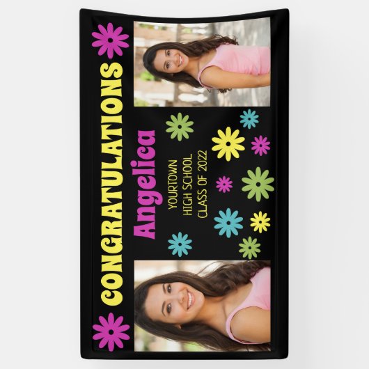 Farbenfrohe Retro Hippie Blume 2 Foto Abschluss Banner (Vertikal)