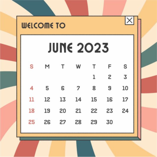 Farbenfrohe Retro Juni 2023 Kalender Aufkleber (Vorderseite)