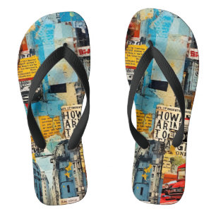 Farbenfrohe Retro-Junk-Reiseroute-Collage Badesandalen
