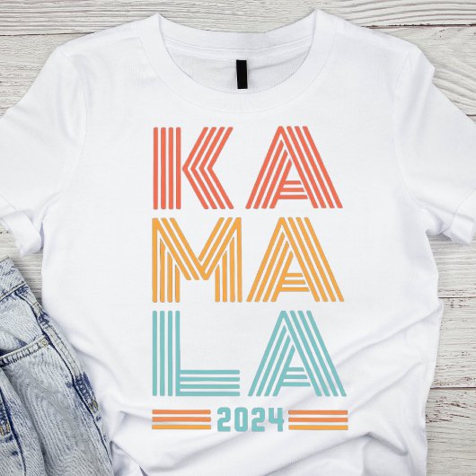 Farbenfrohe Retro KAMALA 2024 gestreift T-Shirt