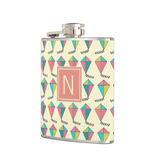 Farbenfrohe Retro Kite Muster Monogramm Flachmann (Links)