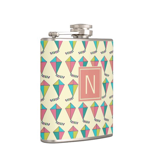 Farbenfrohe Retro Kite Muster Monogramm Flachmann (Rechts)