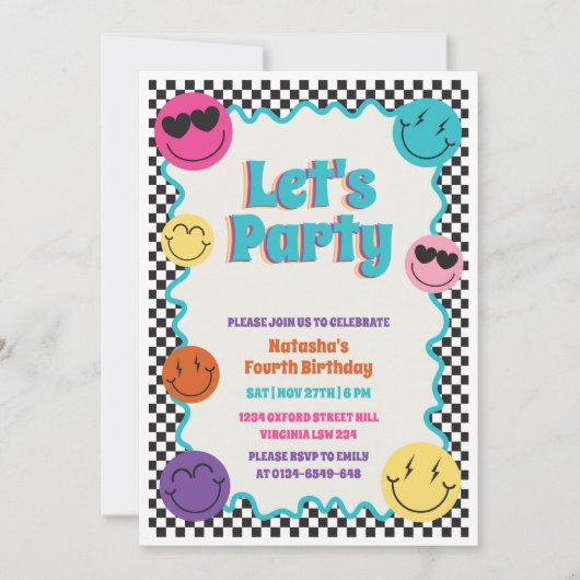 Farbenfrohe Retro lächelt Emoji Schachbrett Kinder Einladung (Vorderseite)