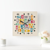 Farbenfrohe Retro Mitte des Jahrhunderts Moderne A Quadratische Wanduhr (Zuhause)