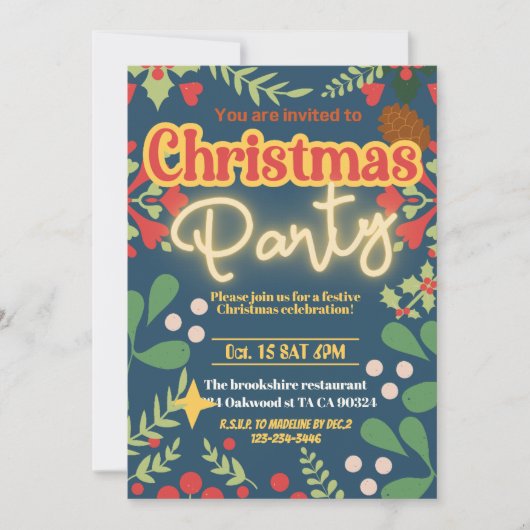 Farbenfrohe Retro moderne Weihnachtszeit botanisch Einladung (Vorderseite)