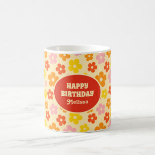 Farbenfrohe Retro Orange Boho Blume Happy Birthday Kaffeetasse