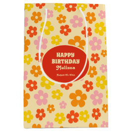 Farbenfrohe Retro Orange Boho Blume Happy Birthday Mittlere Geschenktüte
