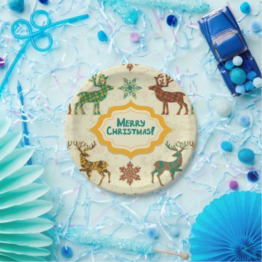 Farbenfrohe Retro Rain-Deer Frohe Weihnachten Pappteller (Party)