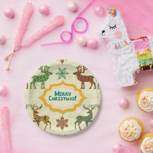 Farbenfrohe Retro Rain-Deer Frohe Weihnachten Pappteller (Party)