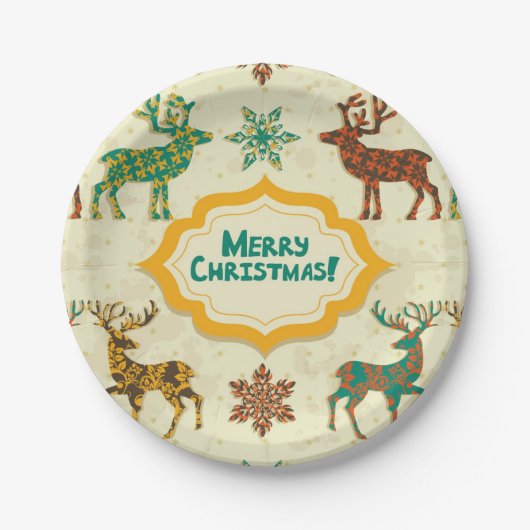 Farbenfrohe Retro Rain-Deer Frohe Weihnachten Pappteller (Vorderseite)