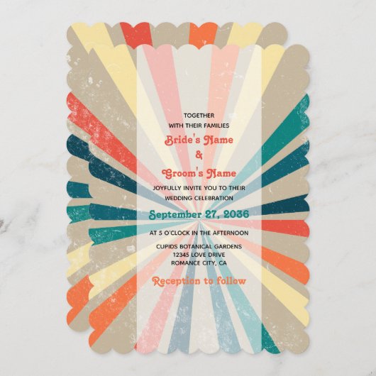 Farbenfrohe Retro-Rainbow-Sonnenbrust-Hochzeit Einladung (Vorne/Hinten)