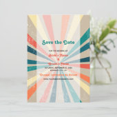 Farbenfrohe Retro-Rainbow-Sonnenbrust-Hochzeit Save The Date (Stehend Vorderseite)