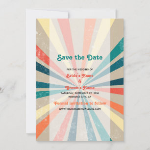 Farbenfrohe Retro-Rainbow-Sonnenbrust-Hochzeit Save The Date
