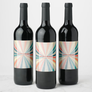 Farbenfrohe Retro-Rainbow-Sonnenbrust-Hochzeit Weinetikett