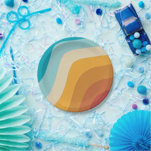 Farbenfrohe Retro-Regenbogen-Abstrakte Wellen Pappteller (Party)