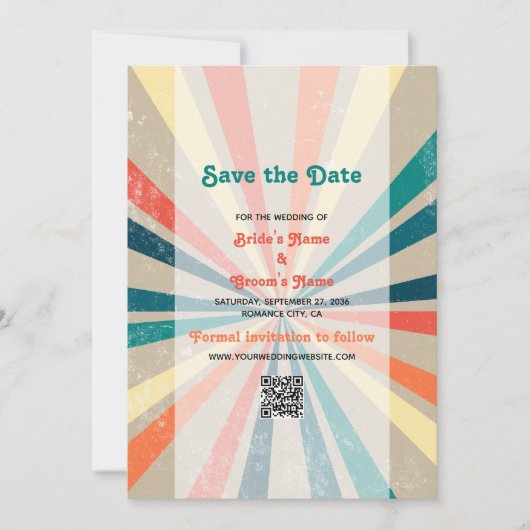 Farbenfrohe Retro-Regenbogen-Sonnenbrille-QR-Code Save The Date (Vorderseite)