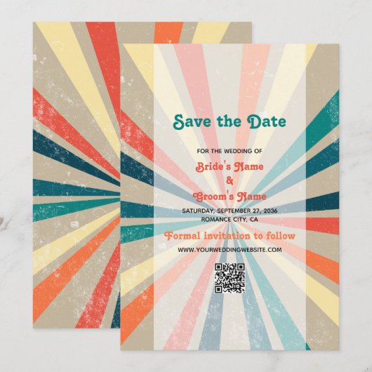 Farbenfrohe Retro-Regenbogen-Sonnenbrille-QR-Code  Save The Date (Vorne/Hinten)