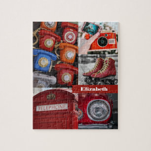 Farbenfrohe Retro-Rot-Ästhetik-Fotocollage-Name Puzzle