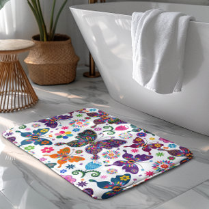 Farbenfrohe Retro-Schmetterlinge & Blume Muster Badematte