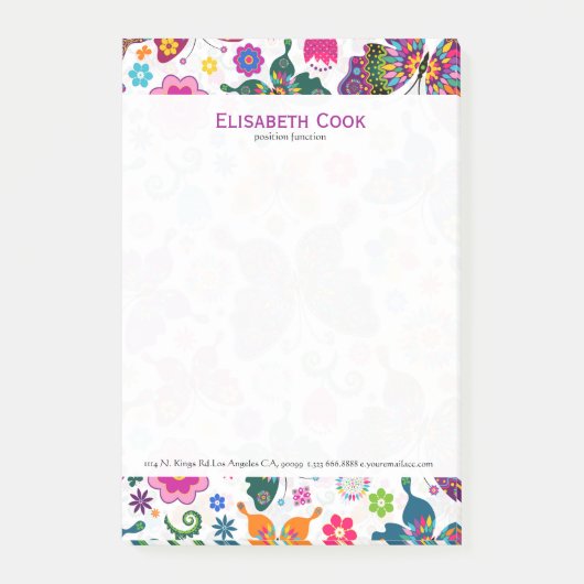 Farbenfrohe Retro-Schmetterlinge & Blume Muster Post-it Klebezettel (Vorderseite)