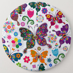 Farbenfrohe Retro-Schmetterlinge und Blume-Muster Button