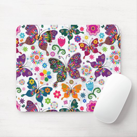 Farbenfrohe Retro-Schmetterlinge und Blume-Muster Mousepad (Mit Mouse)