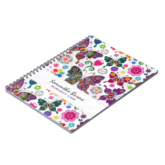 Farbenfrohe Retro-Schmetterlinge und Blume-Muster Notizblock (Linke Seite)