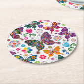 Farbenfrohe Retro-Schmetterlinge und Blume-Muster Runder Pappuntersetzer (Angewinkelt)