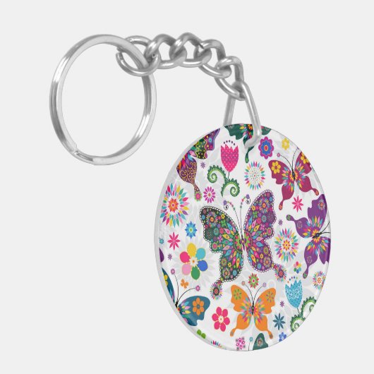 Farbenfrohe Retro-Schmetterlinge und Blume-Muster Schlüsselanhänger (Vorderseite links)