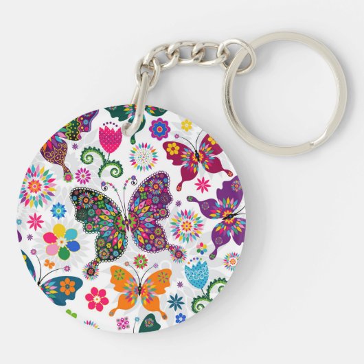 Farbenfrohe Retro-Schmetterlinge und Blume-Muster Schlüsselanhänger (Rückseite)