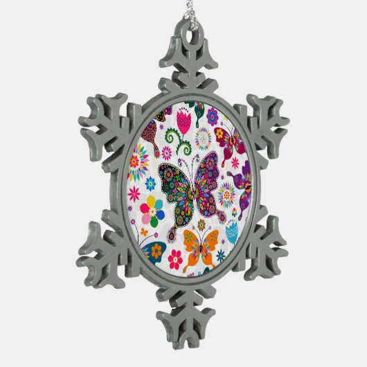 Farbenfrohe Retro-Schmetterlinge und Blume-Muster Schneeflocken Zinn-Ornament (Links)