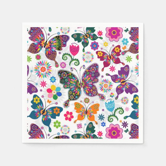 Farbenfrohe Retro-Schmetterlinge und Blume Muster  Serviette (Vorderseite)