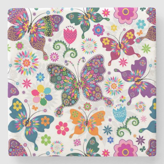 Farbenfrohe Retro-Schmetterlinge und Blume-Muster Steinuntersetzer (Vorderseite)